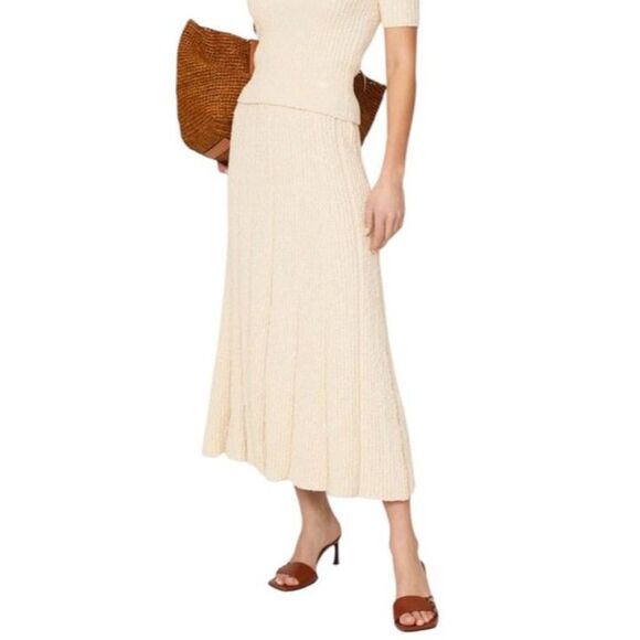 Tory Burch Creamy Ivory Ribbed Textured Rib Knit Pleated A-Line Midi Skirt Sz L - Picture 1 of 15